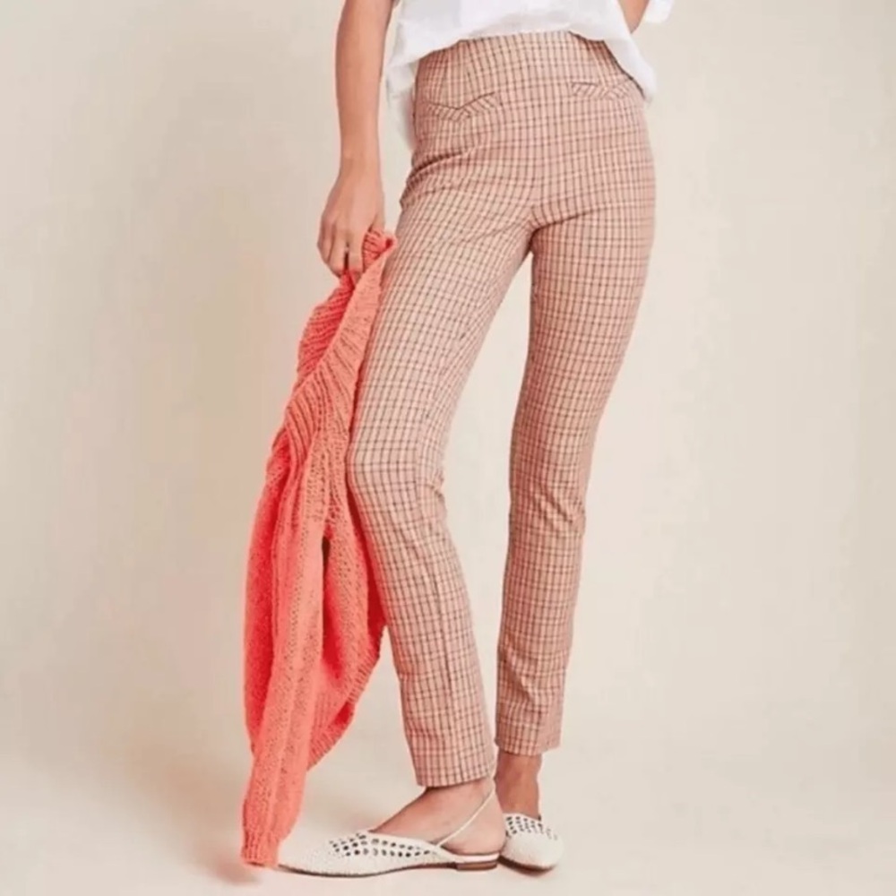 Anthropologie The Essential Slim Pant in Pink and Tan Plaid Size 4